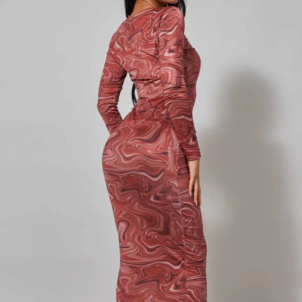 Long Sleeve Midi Dress In Brown Marble Print Ego Official